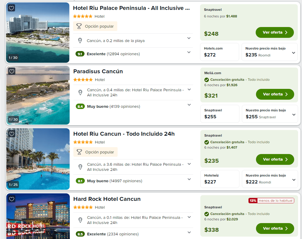 Comparativo precios hoteles